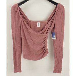 New ABOUND Women's Size XS Long Sleeve Pink Rib Knit V-Neck Faux Wrap Front Top